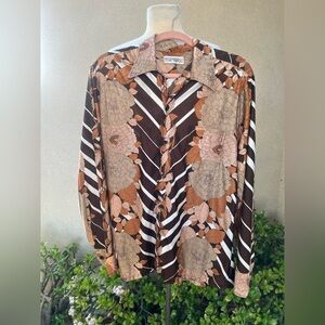 Vintage Disco men’s shirt browns floral polyester nylon Sz M/L Spire California